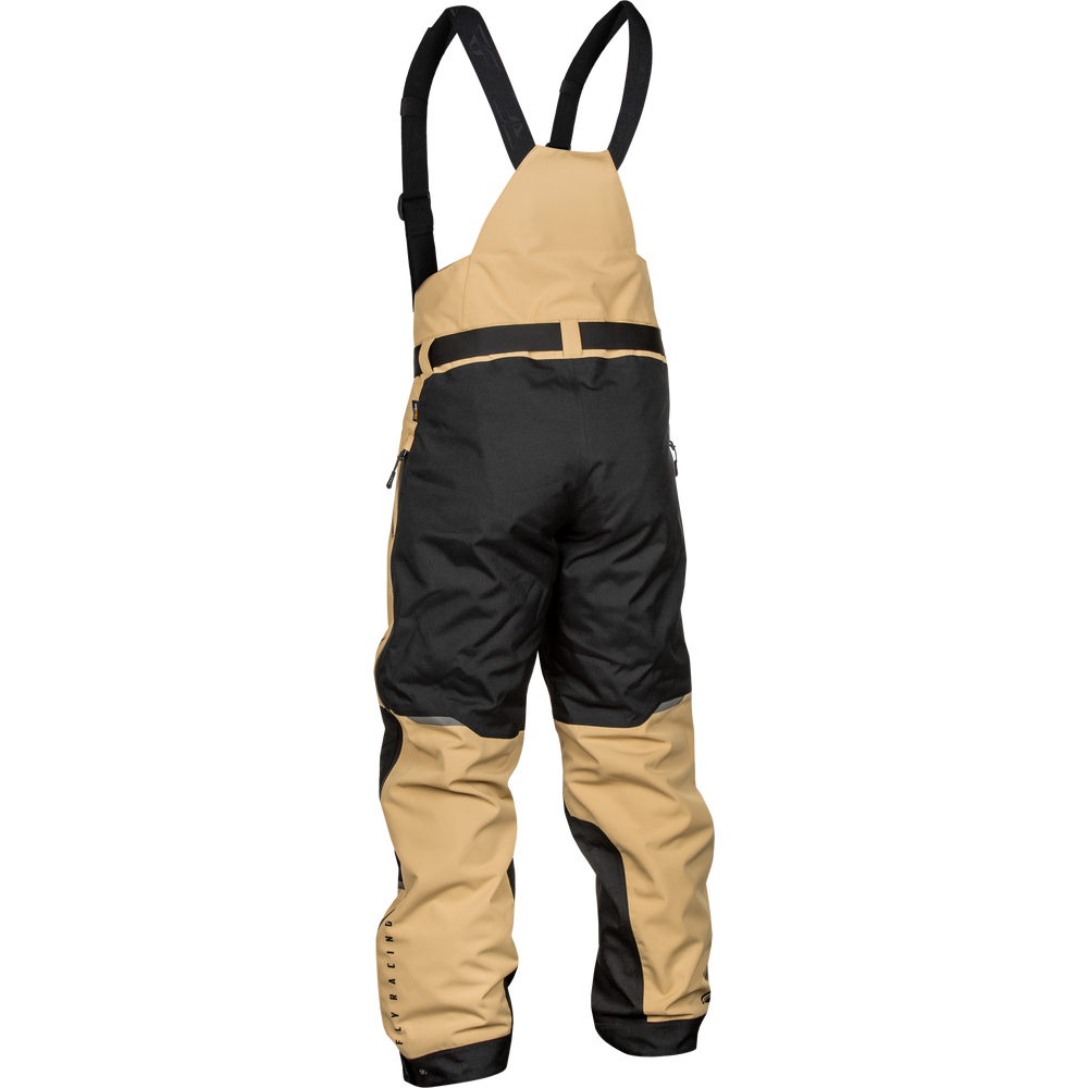 Colorblock snow bib pants in tan and black with adjustable shoulder straps, shown from the back on a white background.