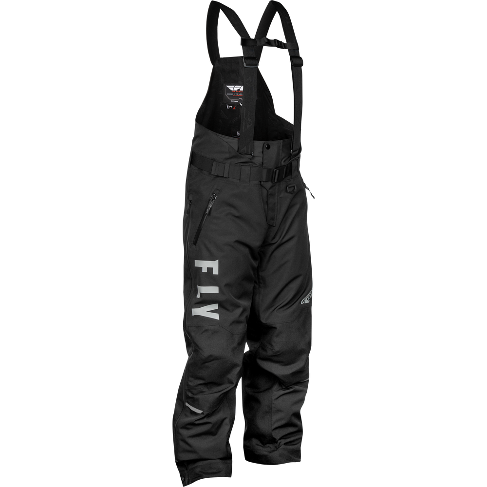 Black Fly brand snow bib pants with white vertical 'FLY' branding on the left leg, shown against a plain white background.
