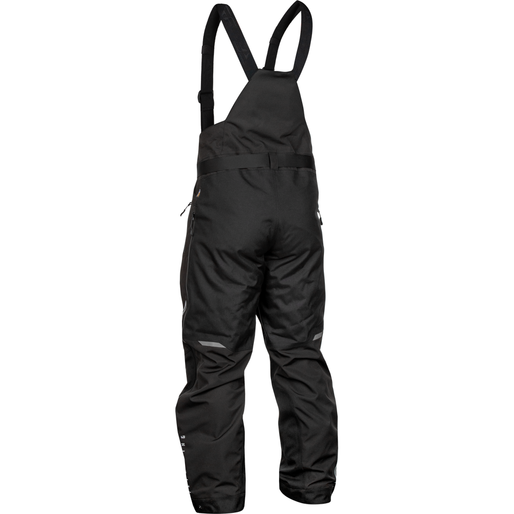 Black insulated bib overalls with adjustable shoulder straps, side zip pockets, and reflective details on the legs, shown against a plain white background.