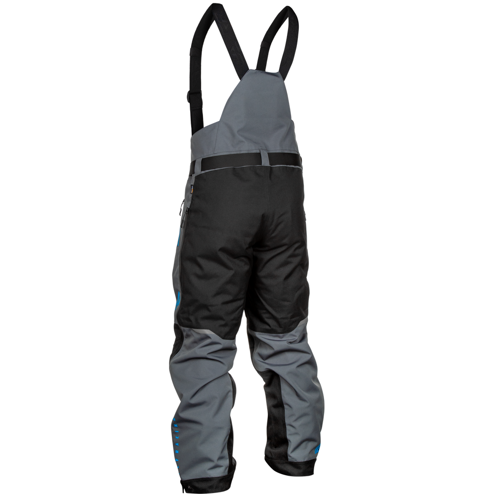 Black and gray outdoor bib pants with adjustable shoulder straps and a waist belt, shown from the back on a white background.