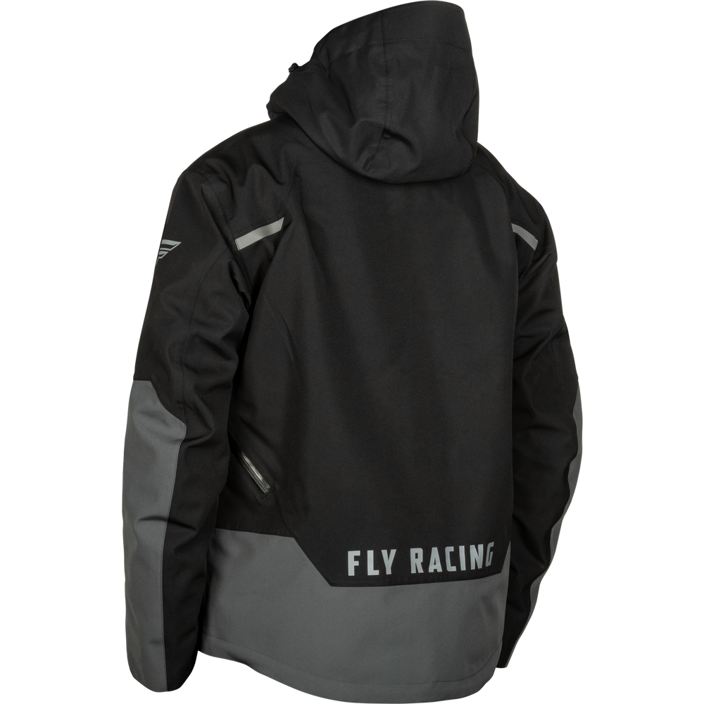 Black and gray racing jacket with 'Fly Racing' branding on a white background