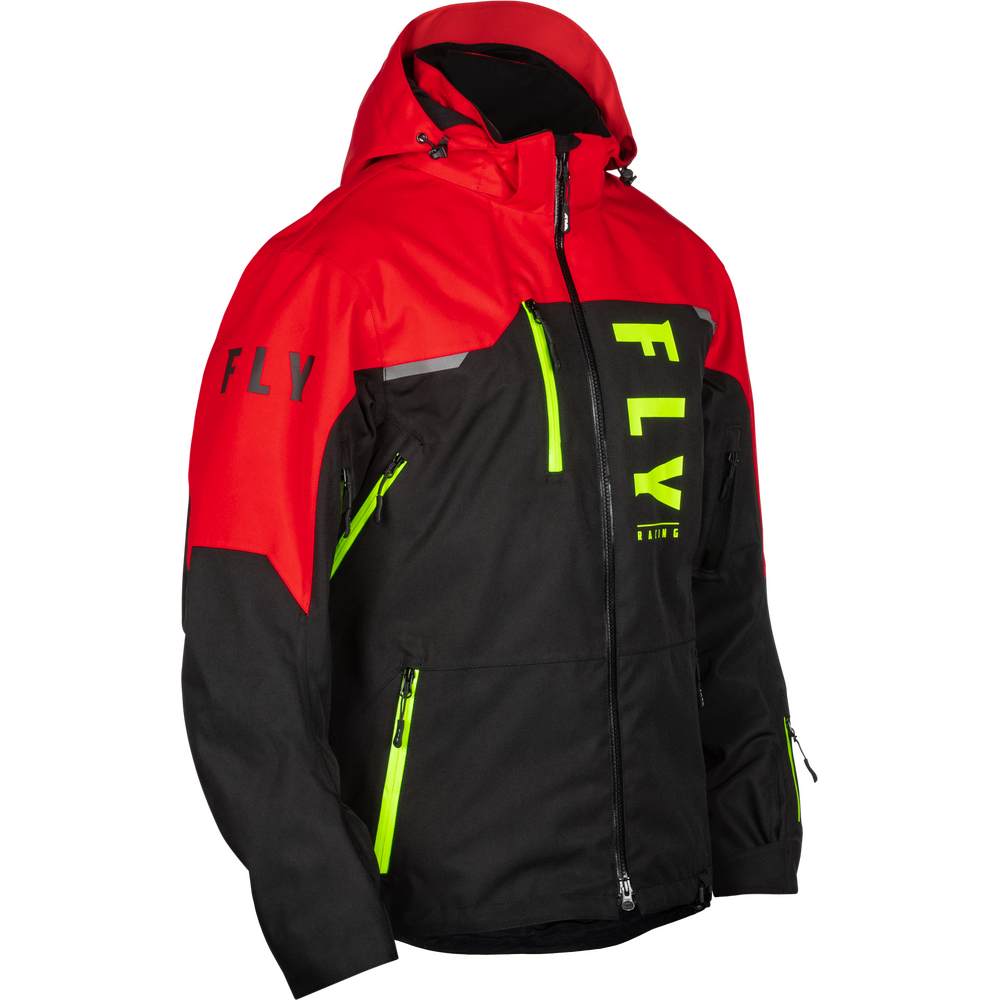 Red, black, and green jacket with 'FLY' branding on a white background