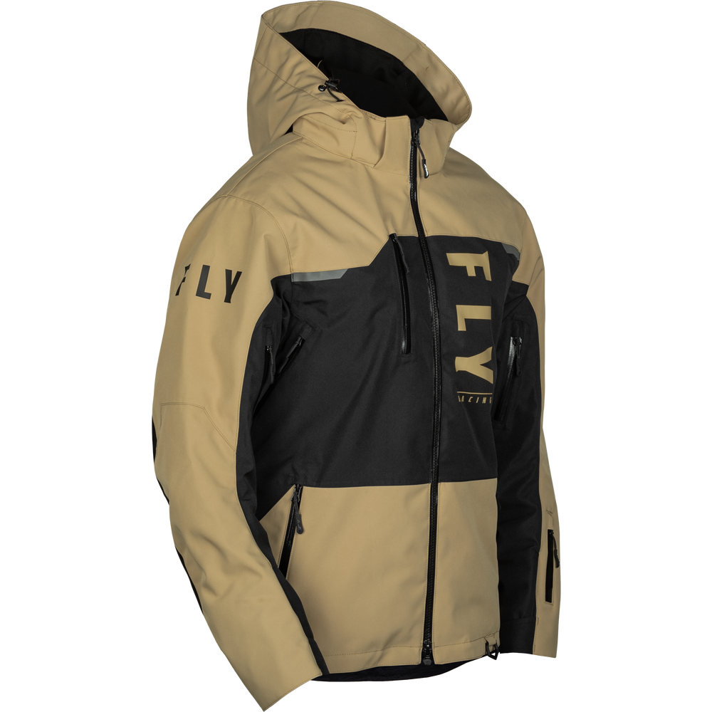 Beige and black jacket with 'FLY' branding on a white background