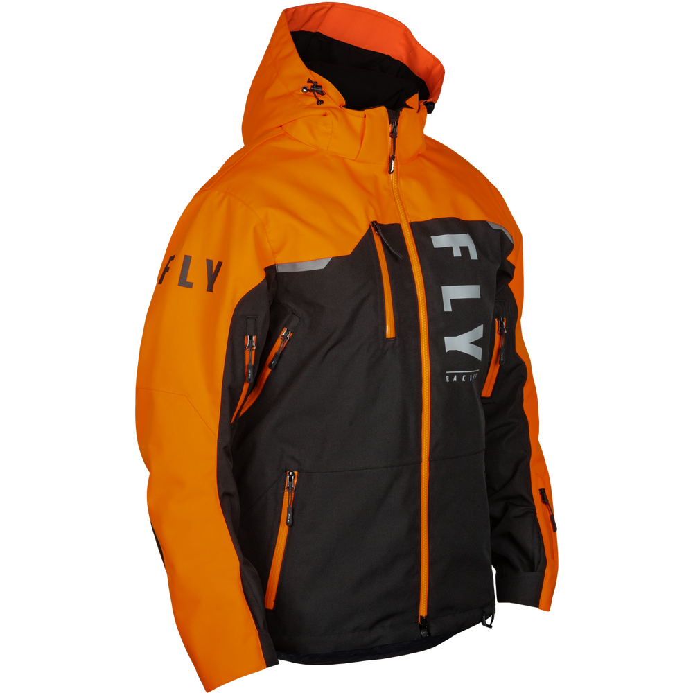 Orange and black jacket with 'FLY' branding on a white background