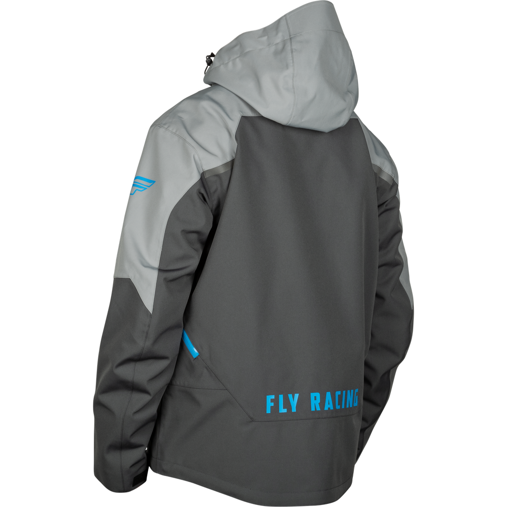 Gray and black jacket with 'Fly Racing' branding on a white background