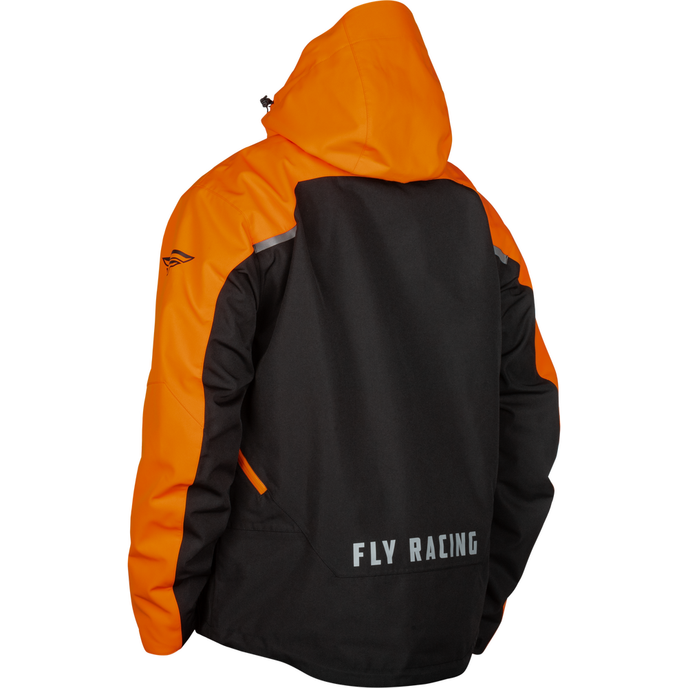 Orange and black racing jacket with 'Fly Racing' branding on a white background