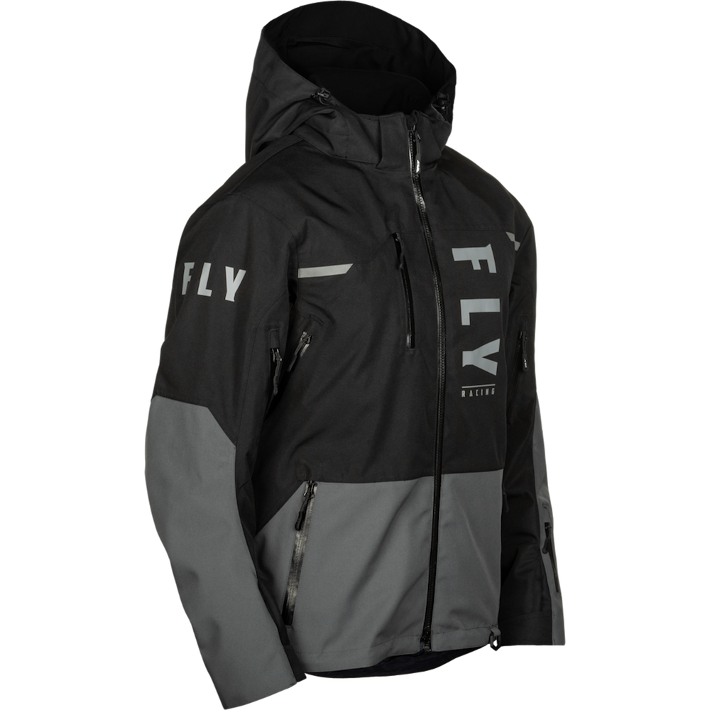 Black and gray jacket with 'Fly' branding on a white background