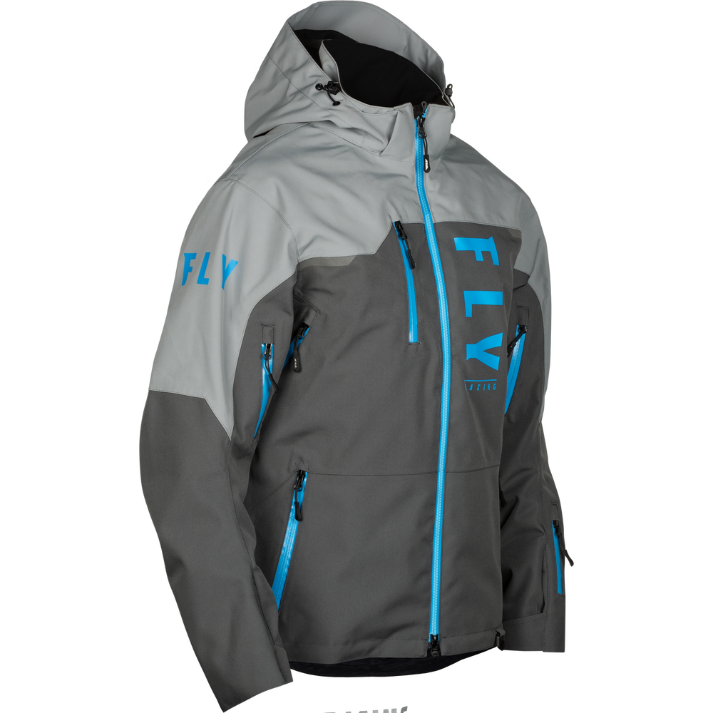 Gray and black jacket with blue accents and 'FLY' branding on a white background