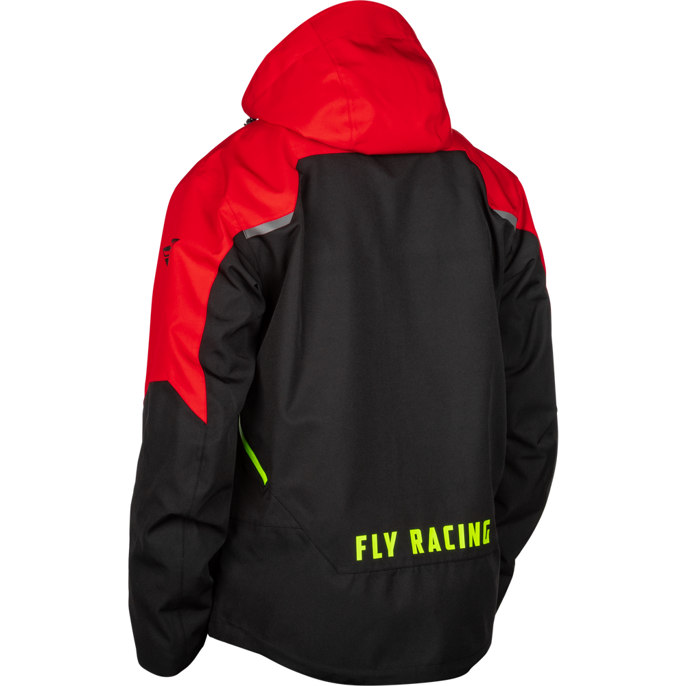 Red and black racing jacket with 'Fly Racing' logo on a white background
