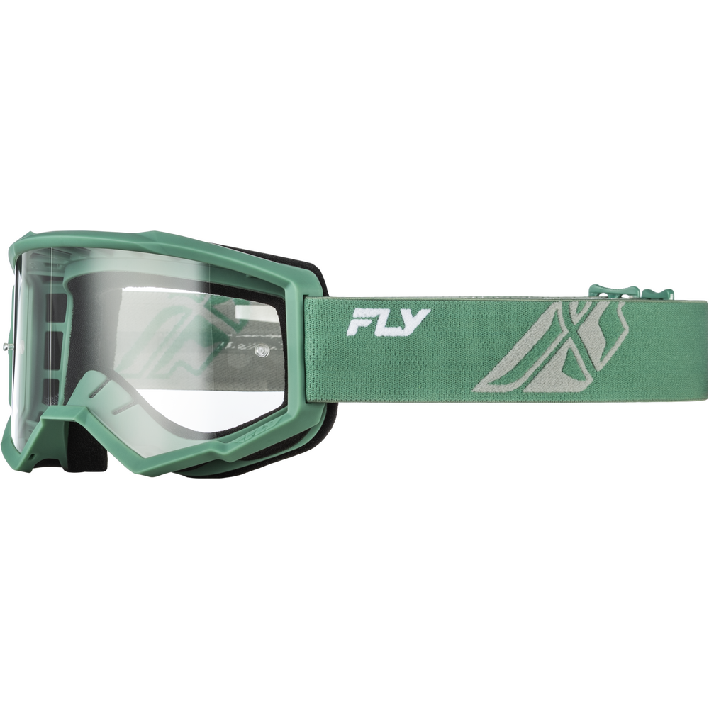 Green motocross goggles with a clear lens and a matching green adjustable strap featuring a white logo.