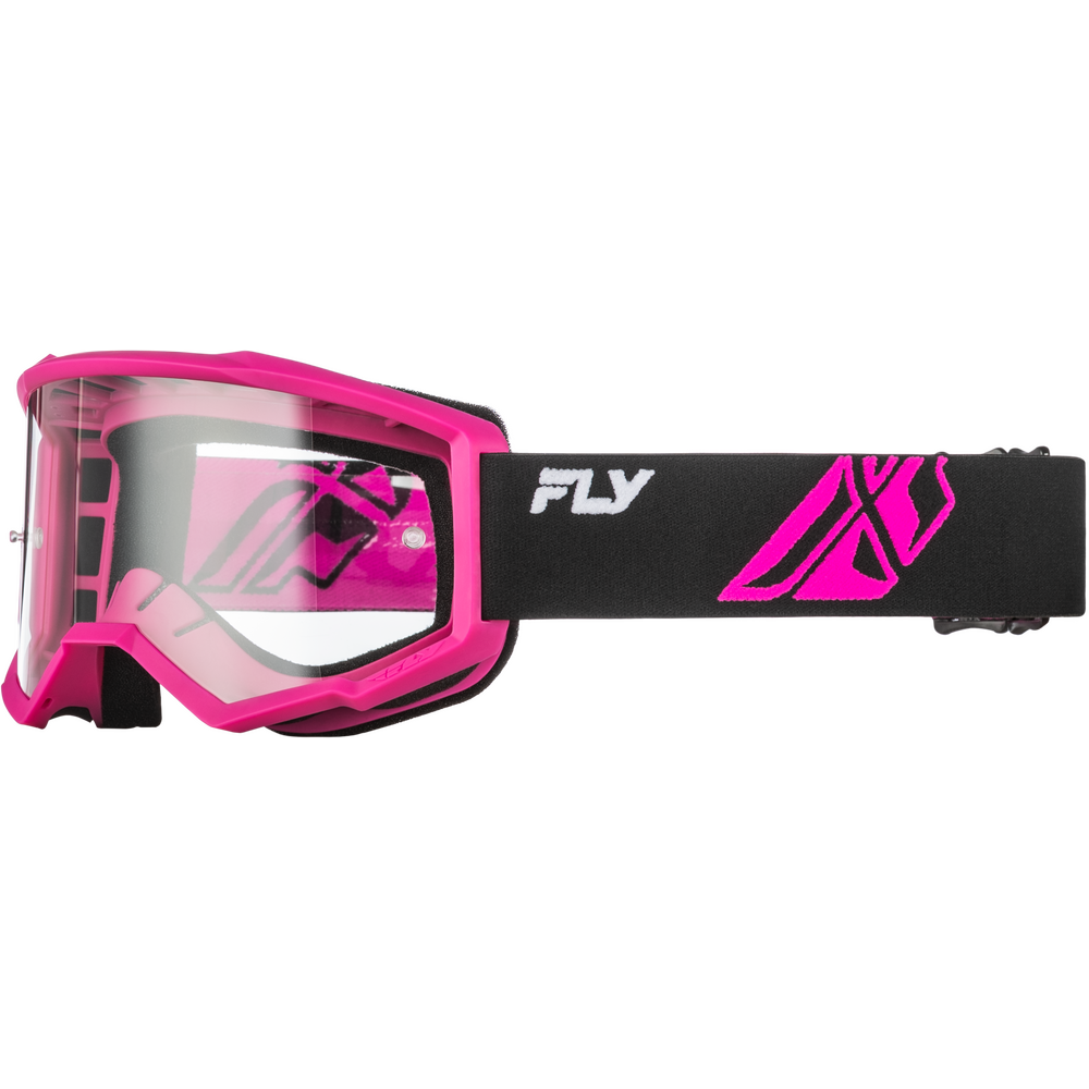 A pair of motocross goggles with a vibrant pink frame and strap, featuring a clear lens and the brand name 'FLY' printed in white on the black strap.