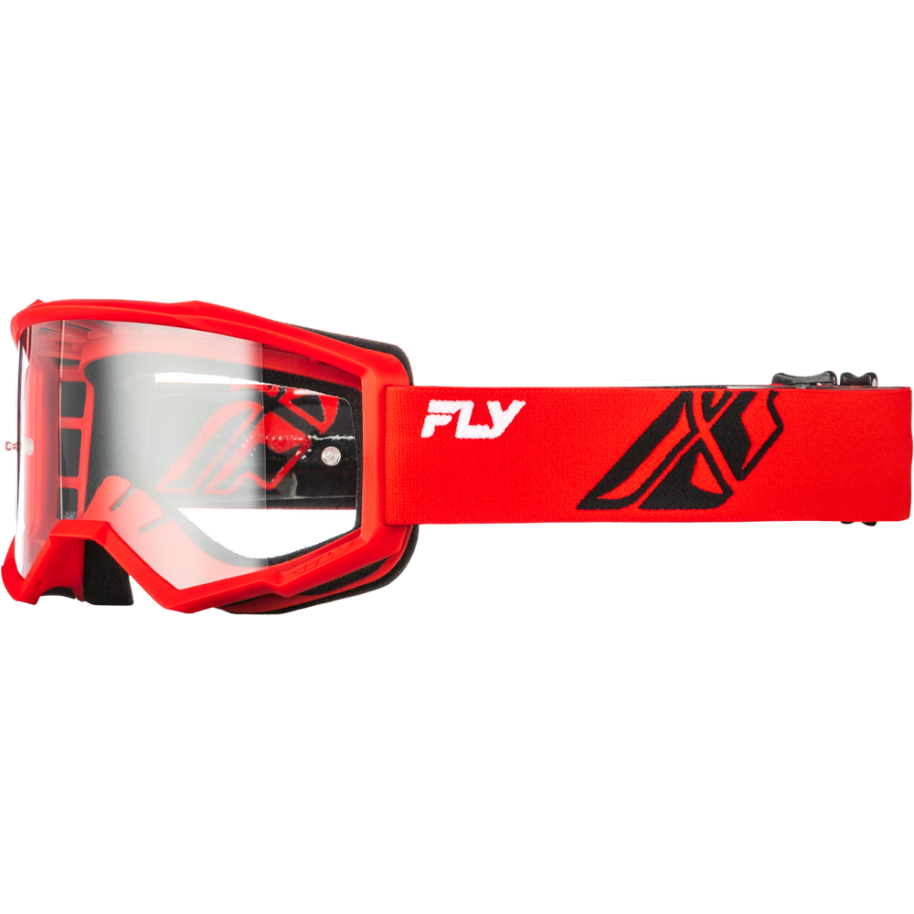 Red and black Fly motocross goggles with a clear shield lens and a matching red and black strap, shown from a side profile on a white background.