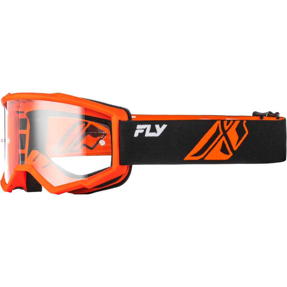 Side view of motocross goggles with a bright orange frame, clear lens, and a black strap featuring orange graphics and the white FLY logo.
