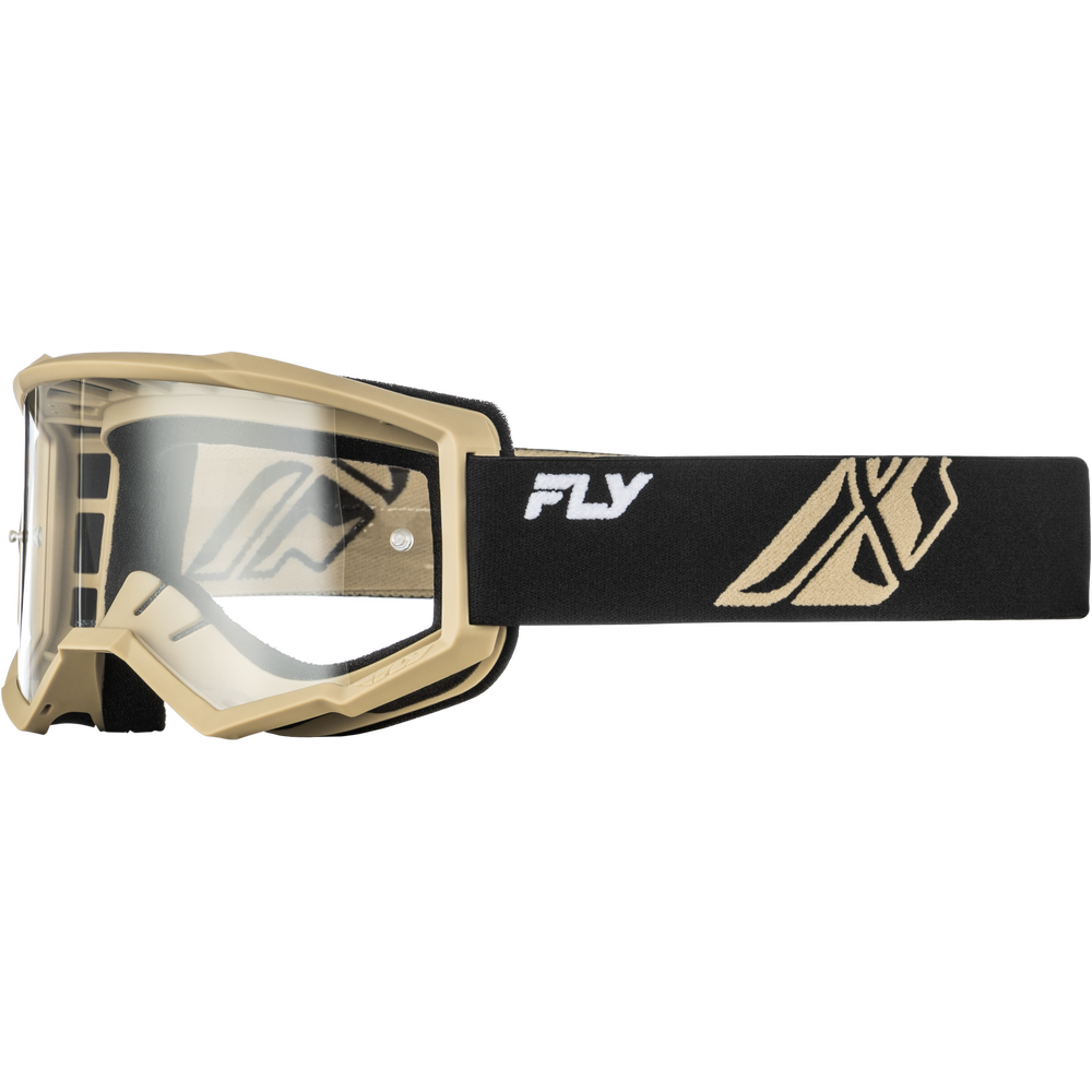 Moto goggles with a clear lens, a tan frame, and a black strap featuring a tan logo and the brand name 'FLY' in white.