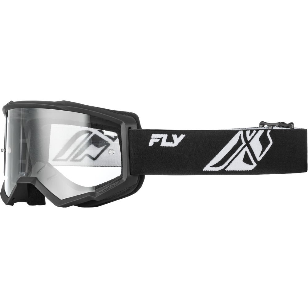 Black goggles with clear lens and 'Fly' branding on a white background