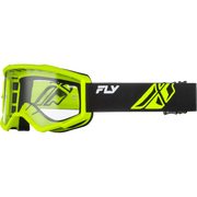 Moto goggles with a bright neon yellow-green frame, a clear lens, a black strap, and neon yellow-green graphics, including the brand name 'FLY' in white.
