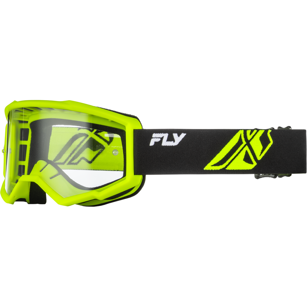 Moto goggles with a bright neon yellow-green frame, a clear lens, a black strap, and neon yellow-green graphics, including the brand name 'FLY' in white.