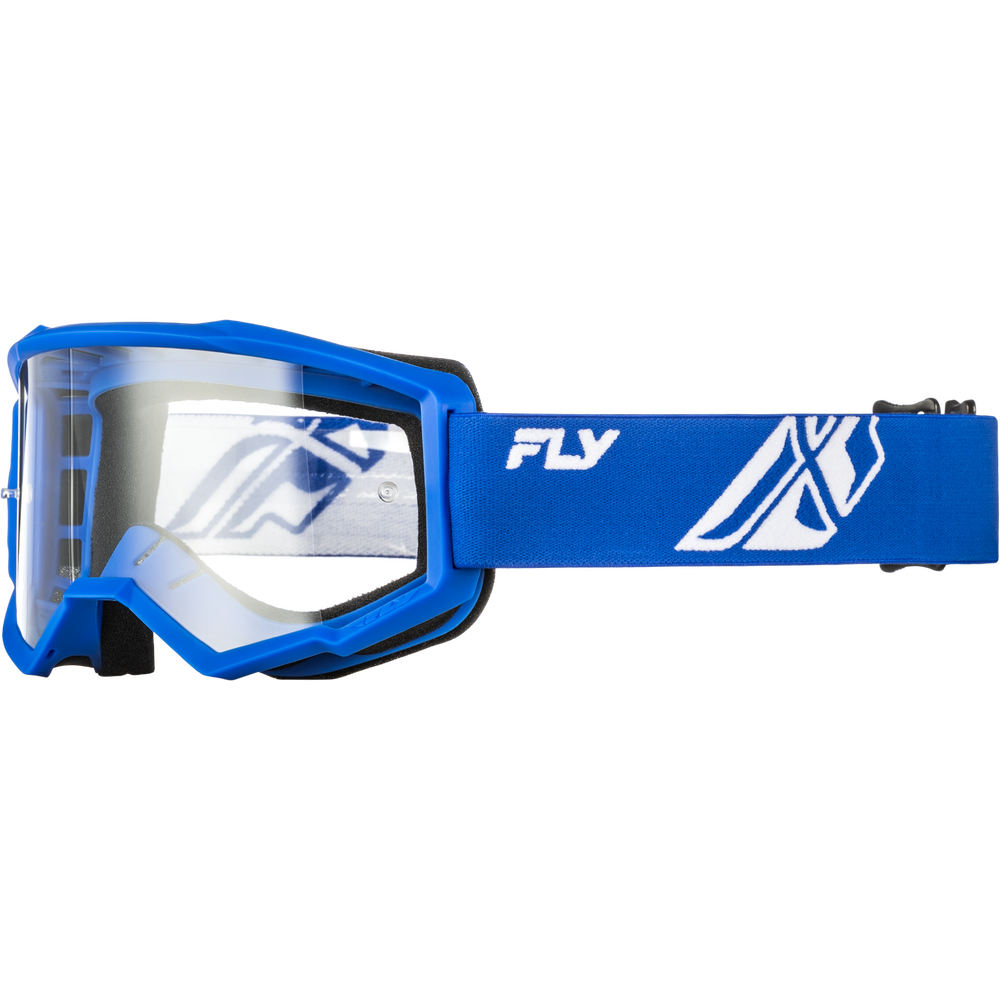 Blue motocross goggles with a clear lens and a blue strap featuring white graphics and the brand name 'FLY'.