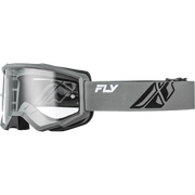 Gray motocross goggles with a clear shield lens and a gray adjustable strap featuring a black graphic and the white FLY brand logo.