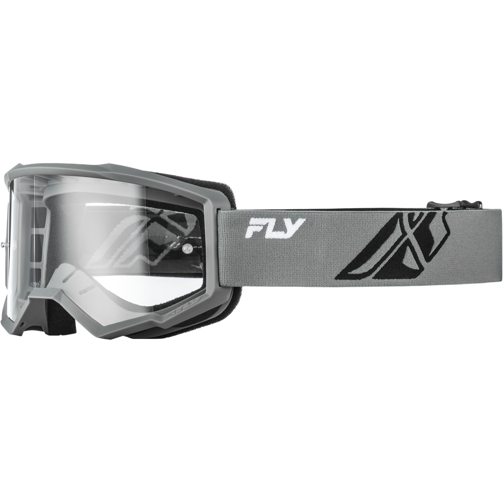 Gray motocross goggles with a clear shield lens and a gray adjustable strap featuring a black graphic and the white FLY brand logo.