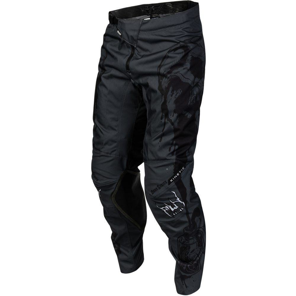 Black motocross pants with a subtle dark gray abstract pattern on the right leg and white 'FLY' branding on the lower left leg, shown against a plain white background.