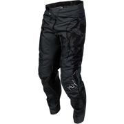 Black motocross pants with a subtle dark gray abstract pattern on the right leg and white 'FLY' branding on the lower left leg, shown against a plain white background.