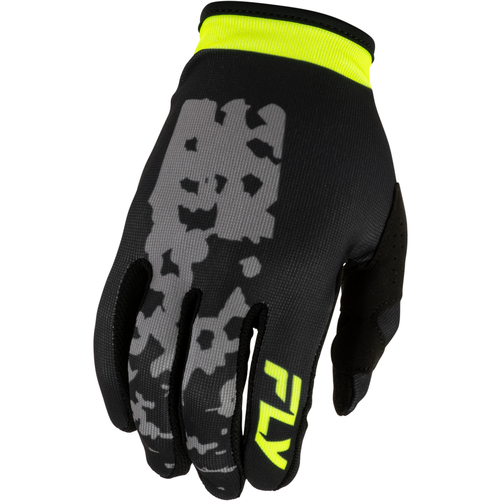 A single black motocross glove with a gray camouflage pattern on the back, a bright neon yellow wrist cuff, and a neon yellow 'FLY' logo on the side, shown against a plain white background.