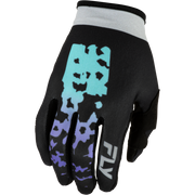 A black motocross glove with a light blue and purple pixelated graphic on the back, a white ribbed cuff, and a white 'FLY' logo on the finger, shown against a plain white background.
