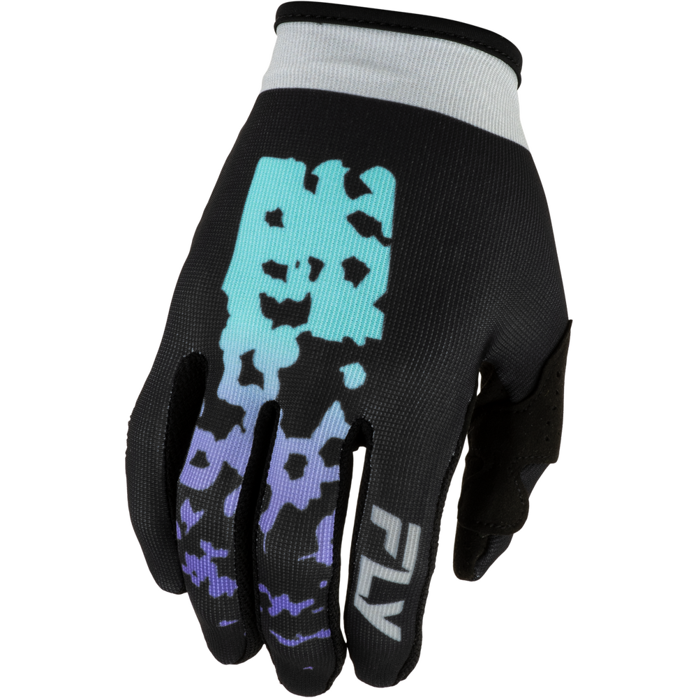 A black motocross glove with a light blue and purple pixelated graphic on the back, a white ribbed cuff, and a white 'FLY' logo on the finger, shown against a plain white background.