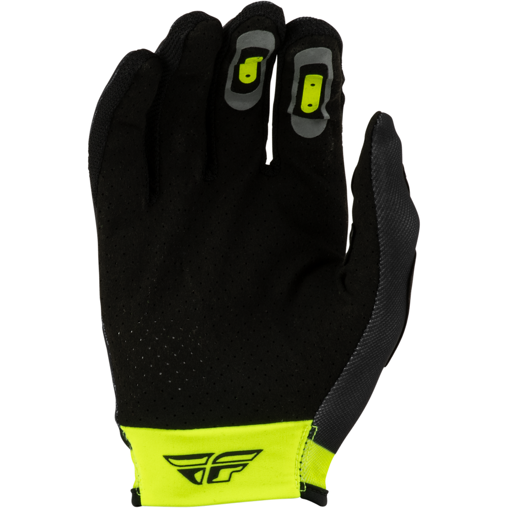 A single black motocross glove with high-visibility neon yellow accents on the cuff and finger pads, featuring a stylized 'FF' logo on the wrist.