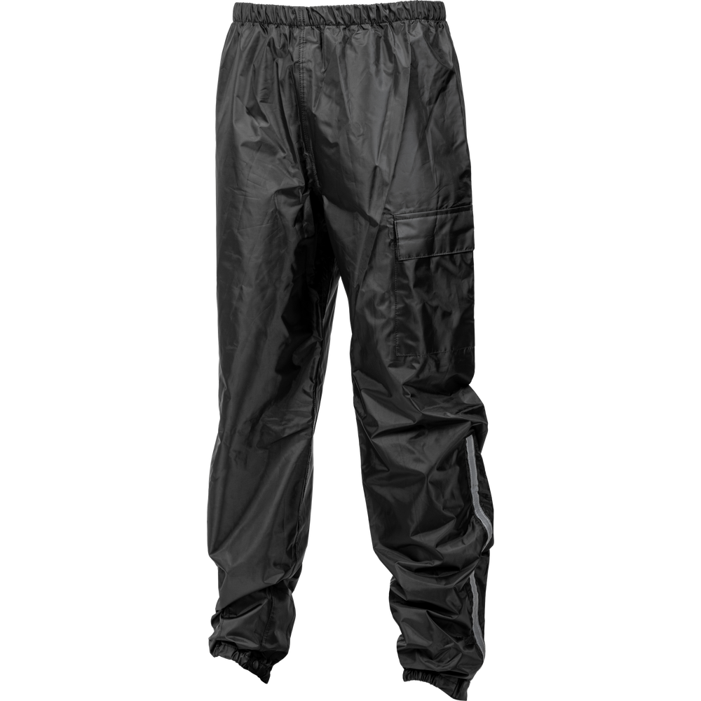 Black waterproof pants with an elastic waistband, cargo pocket on the right thigh, and reflective gray side stripes on the lower legs, shown against a plain white background.