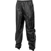 Black waterproof pants with an elastic waistband, cargo pocket on the right thigh, and reflective gray side stripes on the lower legs, shown against a plain white background.