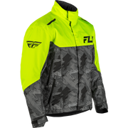 Two-tone jacket with bright yellow upper half and black and gray patterned lower half on a white background.