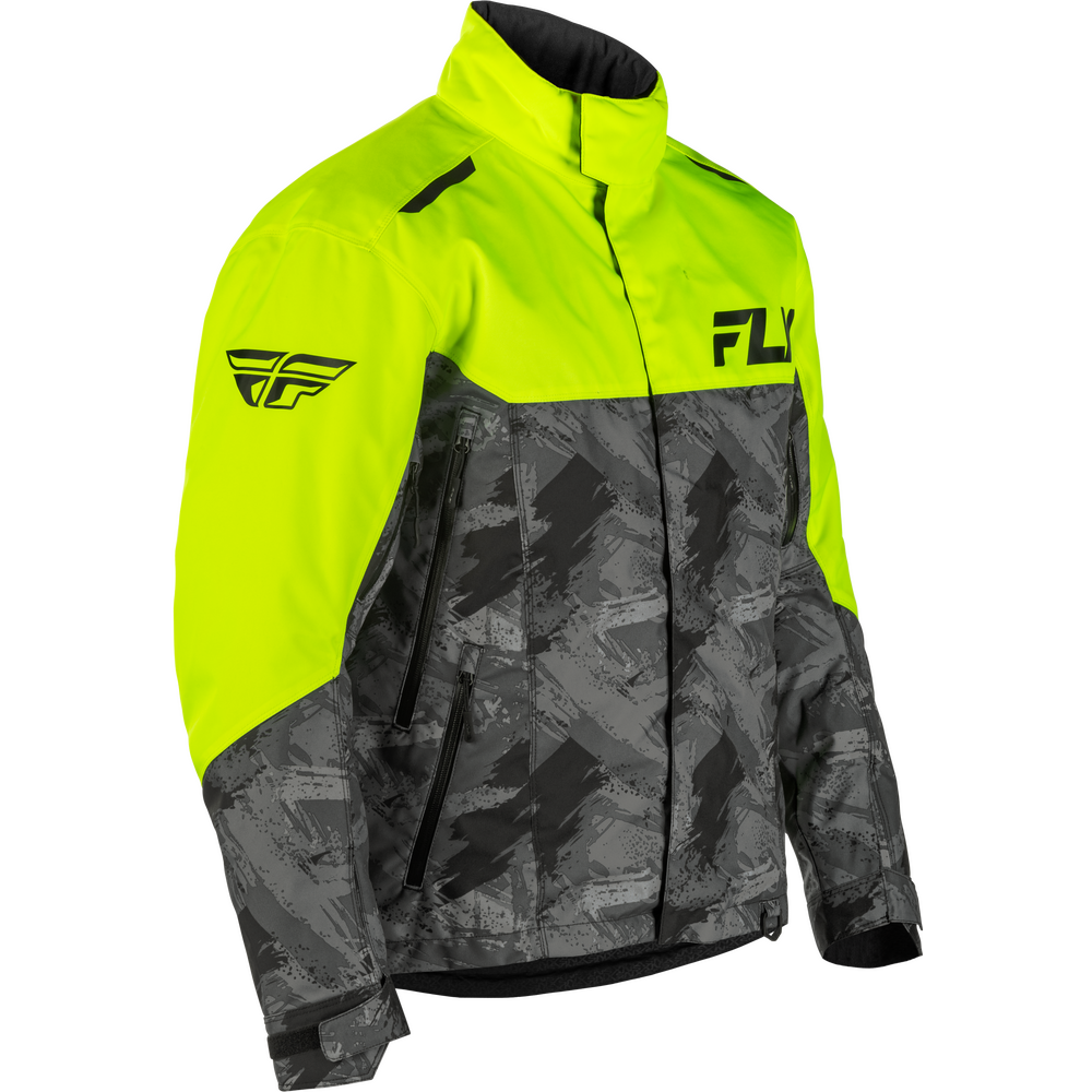 Two-tone jacket with bright yellow upper half and black and gray patterned lower half on a white background.