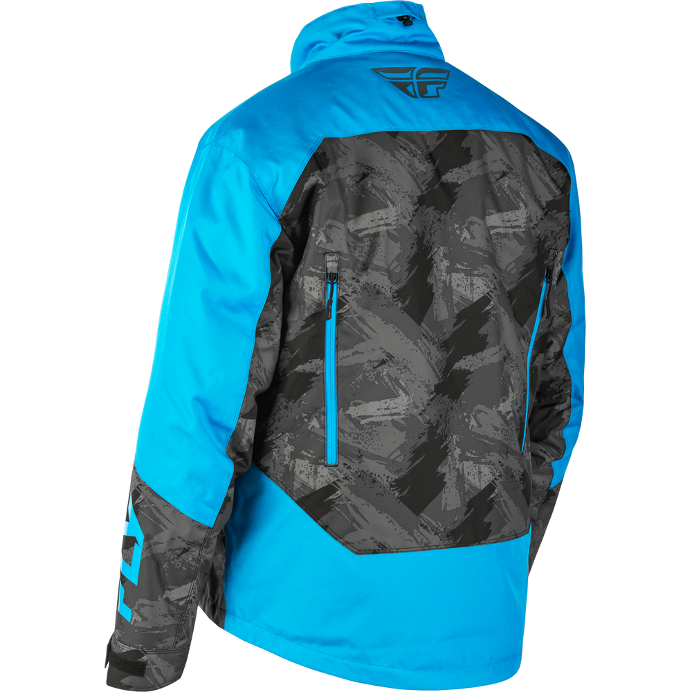 Blue and black jacket with a pattern on a white background