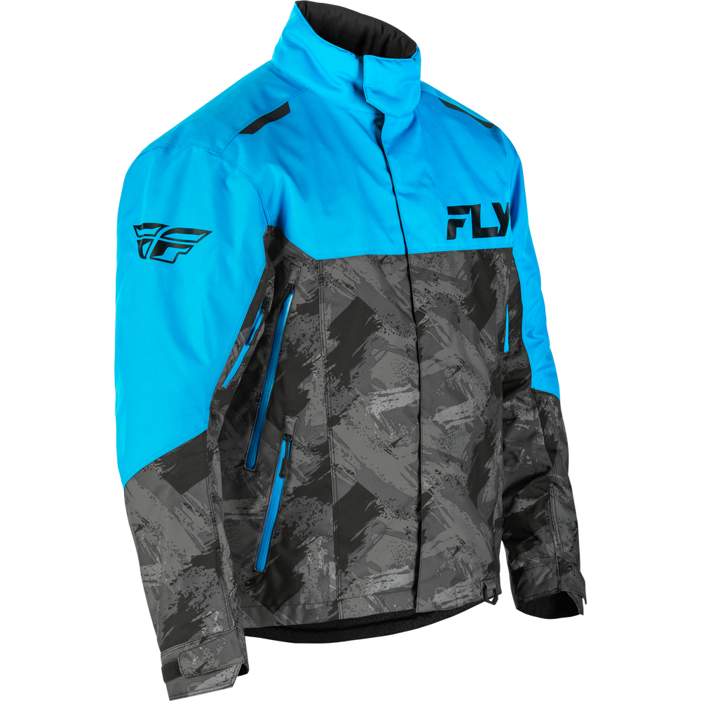 Blue and gray jacket with camouflage pattern on a white background