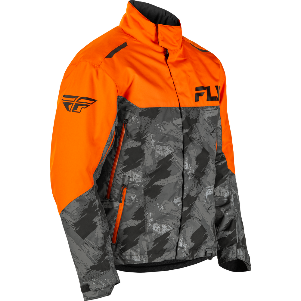 Orange and camouflage jacket with 'Fly' branding on a white background