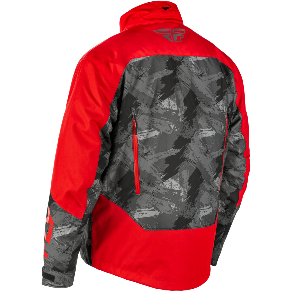 Red and black jacket with camouflage pattern on a white background