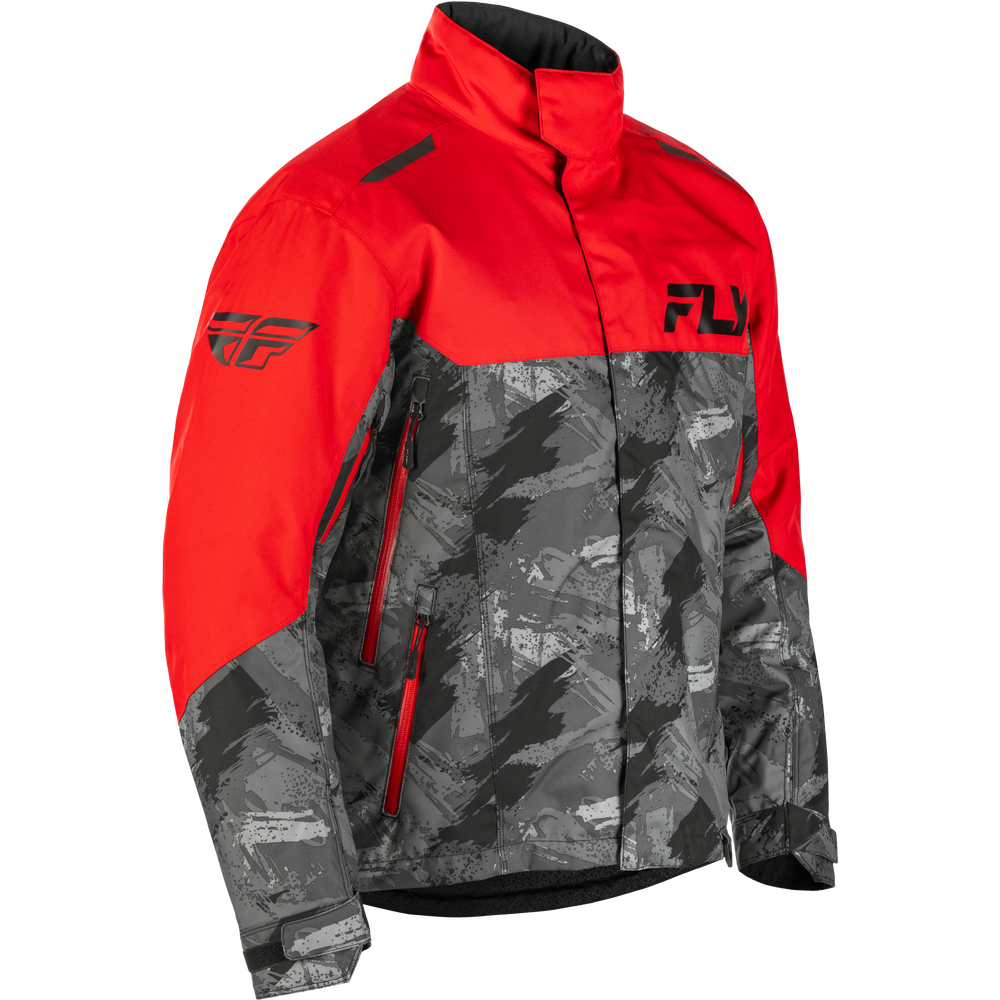 Red and gray jacket with camouflage pattern on a white background