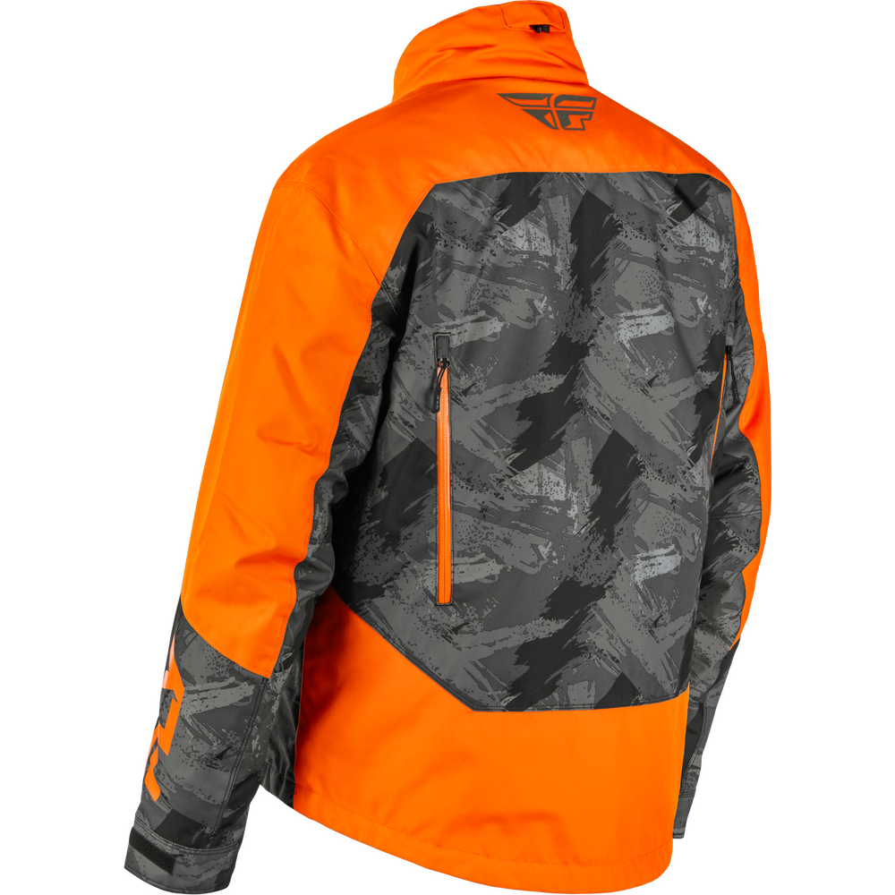 Orange and black jacket with a camouflage pattern on a white background