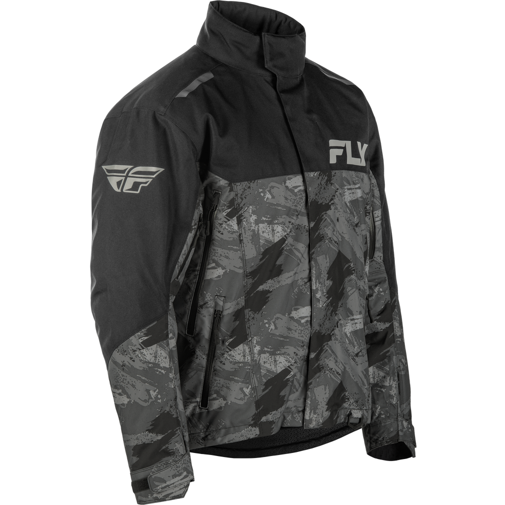 Black and camouflage jacket with Fly logo on a white background