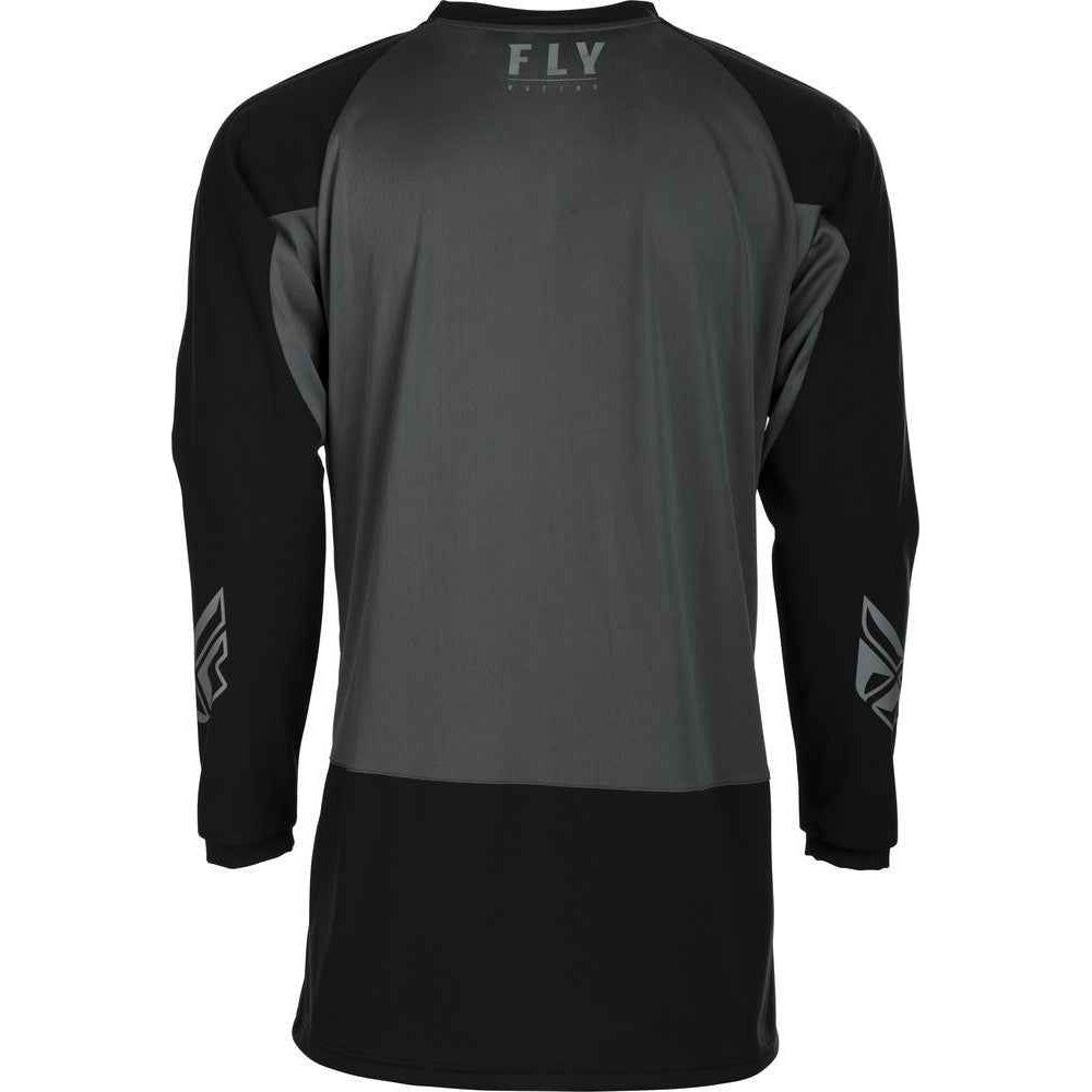 Black and gray long-sleeve shirt with 'Fly' branding on a white background