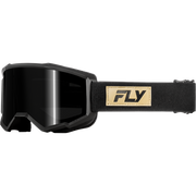 Black snow goggles with a black lens and a tan leather patch on the strap featuring the black 'FLY' logo, shown against a plain white background.