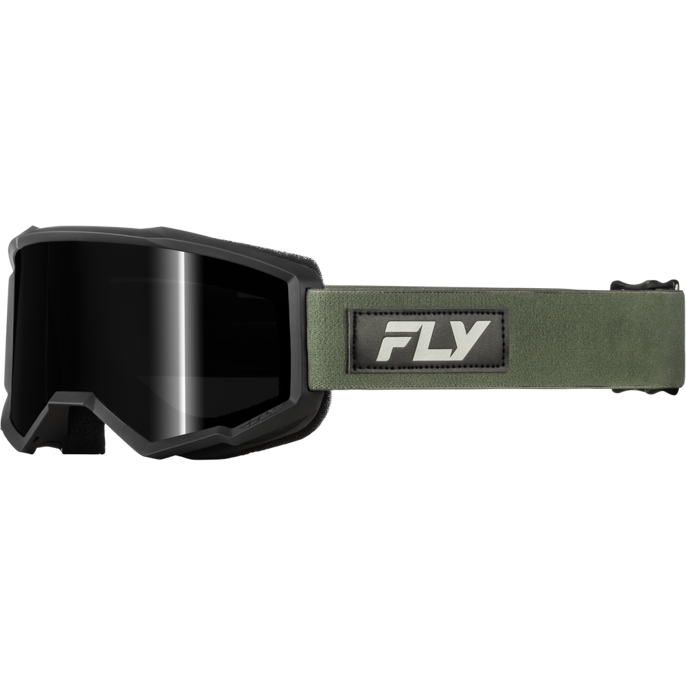 Side view of FLY snow goggles with a black frame and dark lens, featuring an olive green strap with a black patch displaying the white FLY logo.