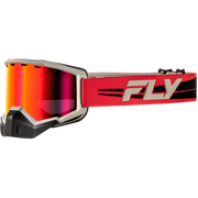 Goggles with a red and orange mirrored lens, a gray frame, and a red strap featuring the FLY logo.