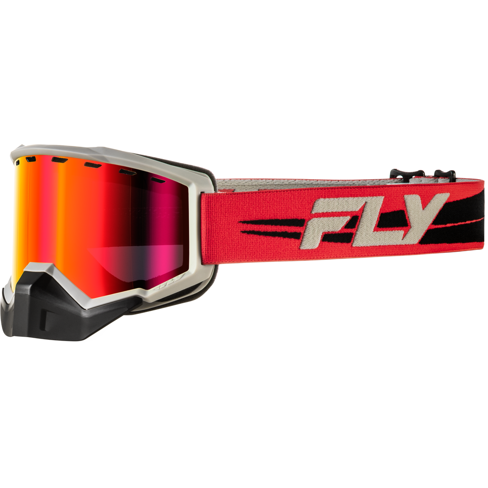 Goggles with a red and orange mirrored lens, a gray frame, and a red strap featuring the FLY logo.