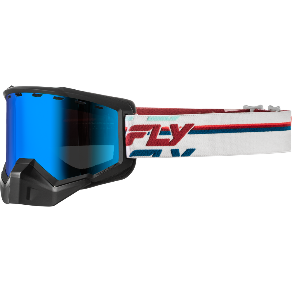 Black Fly Snowmobile Goggles with a blue mirrored lens and a white headband featuring red and blue stripes and the red and blue FLY logo.