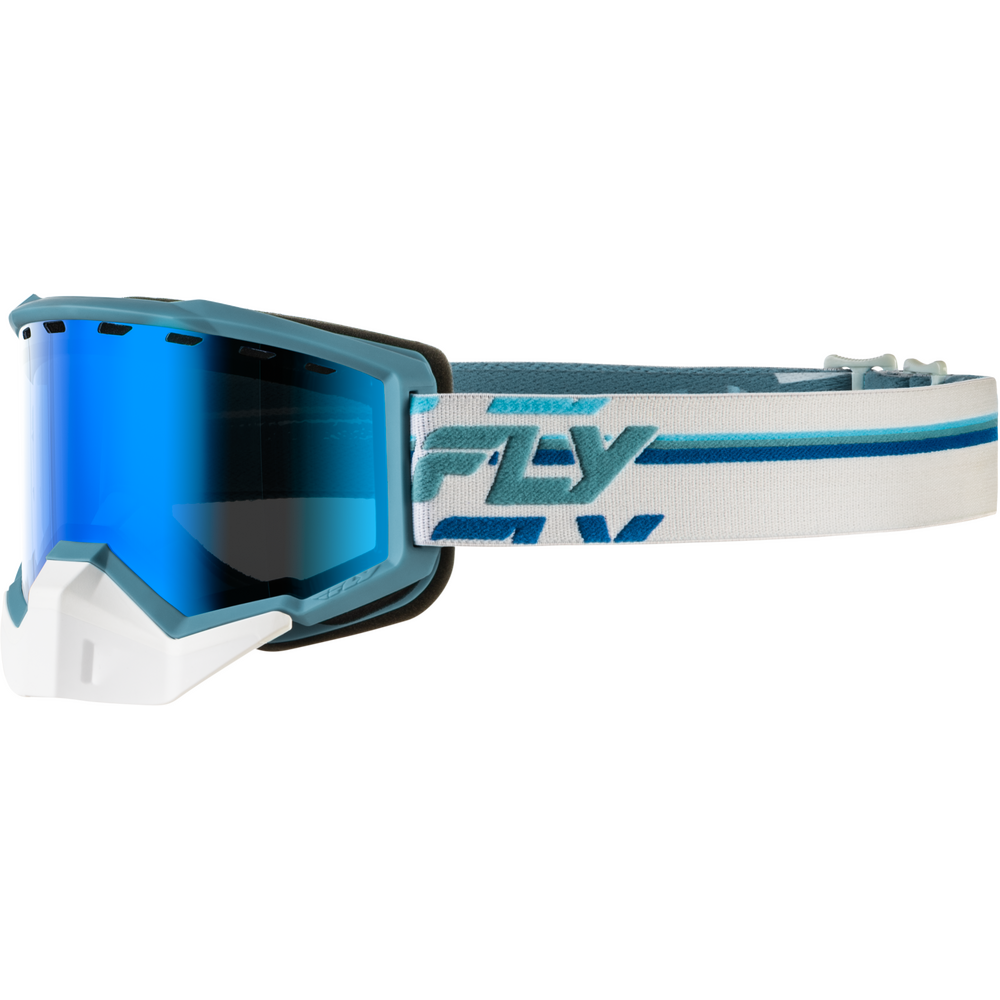 FLY Snowmobile goggles with a blue mirrored lens, a teal and white frame, and a white adjustable strap featuring the FLY brand logo.