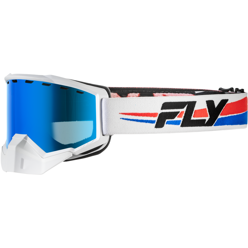 White Snowmobile goggles with a blue mirrored lens and a white strap featuring the black and red FLY logo.