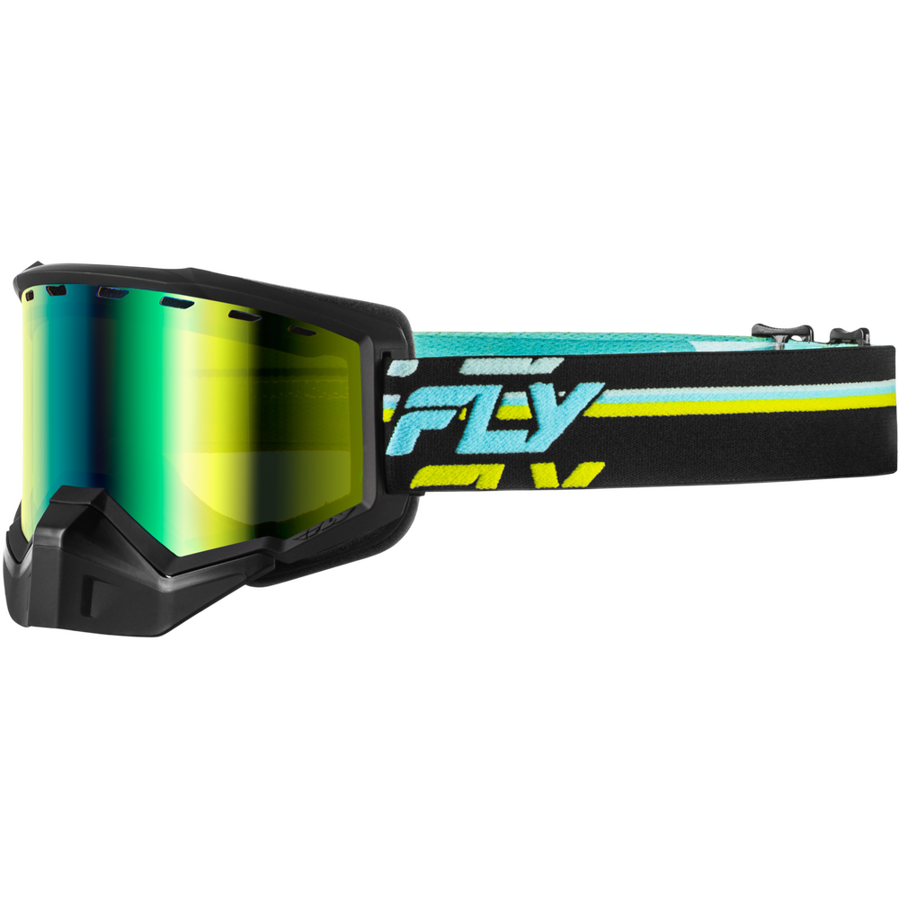 Black Snowmobile goggles with a green-to-yellow mirrored lens and a black, teal, and yellow strap featuring the FLY brand logo.